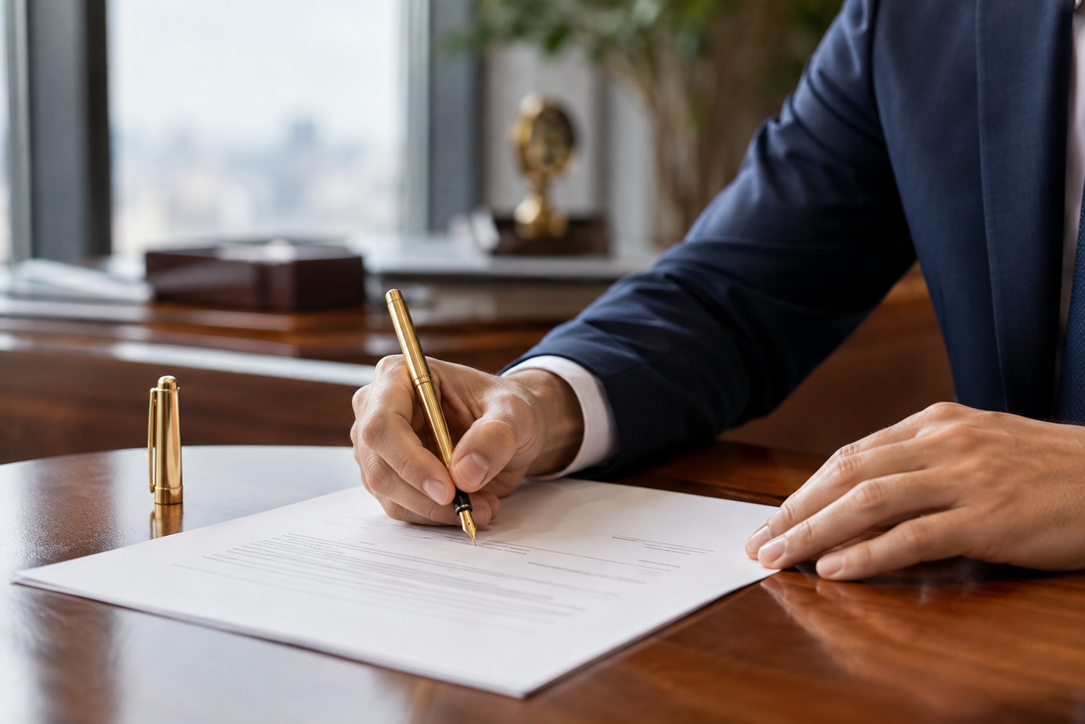 Professional signing documents in an executive office