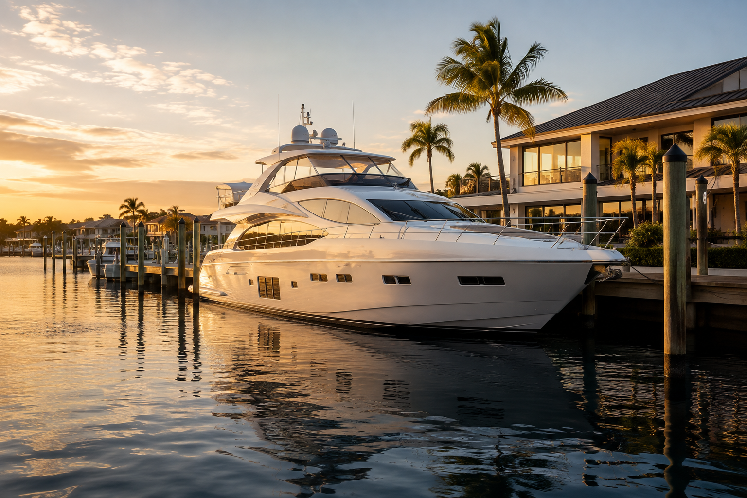 Florida marina and yacht at golden hour
